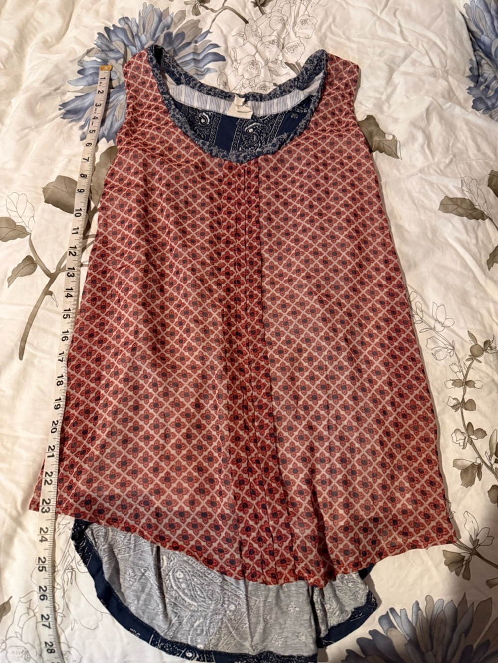 Anthropologie One September Sleeveless Red Geometric Print Tank with Navy Trim